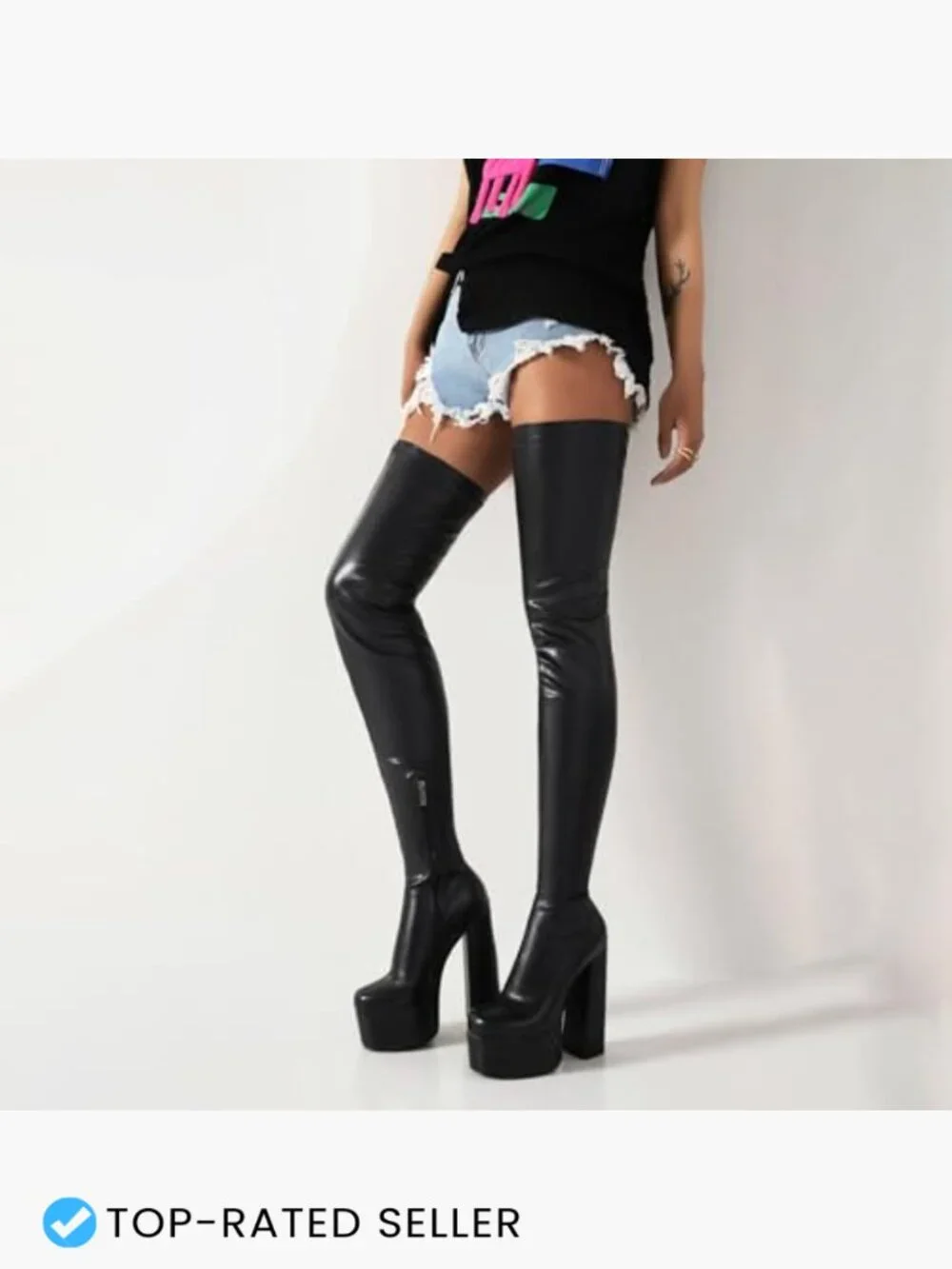 Thigh High Over-the-Knee Boots Faux Leather Stretch Block Heel Y2K Fashion